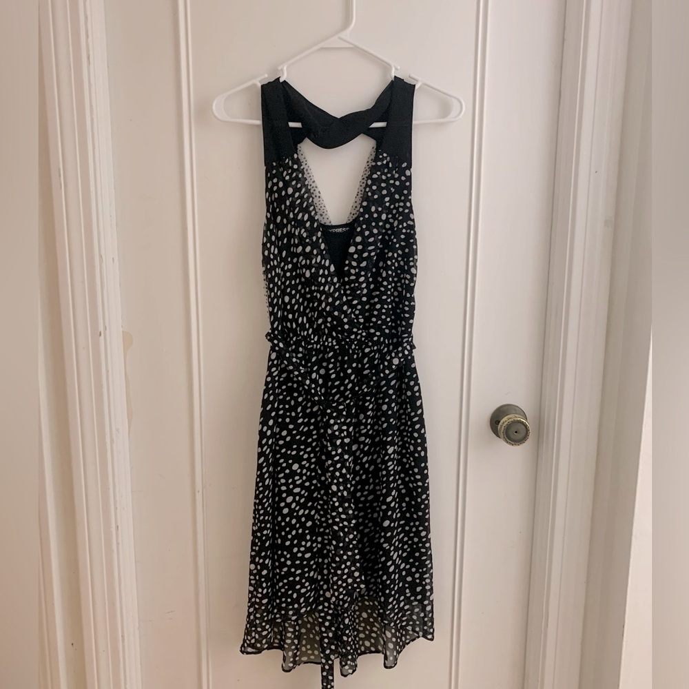 Express summer dress, polka dot with jersey lining and tie waist.